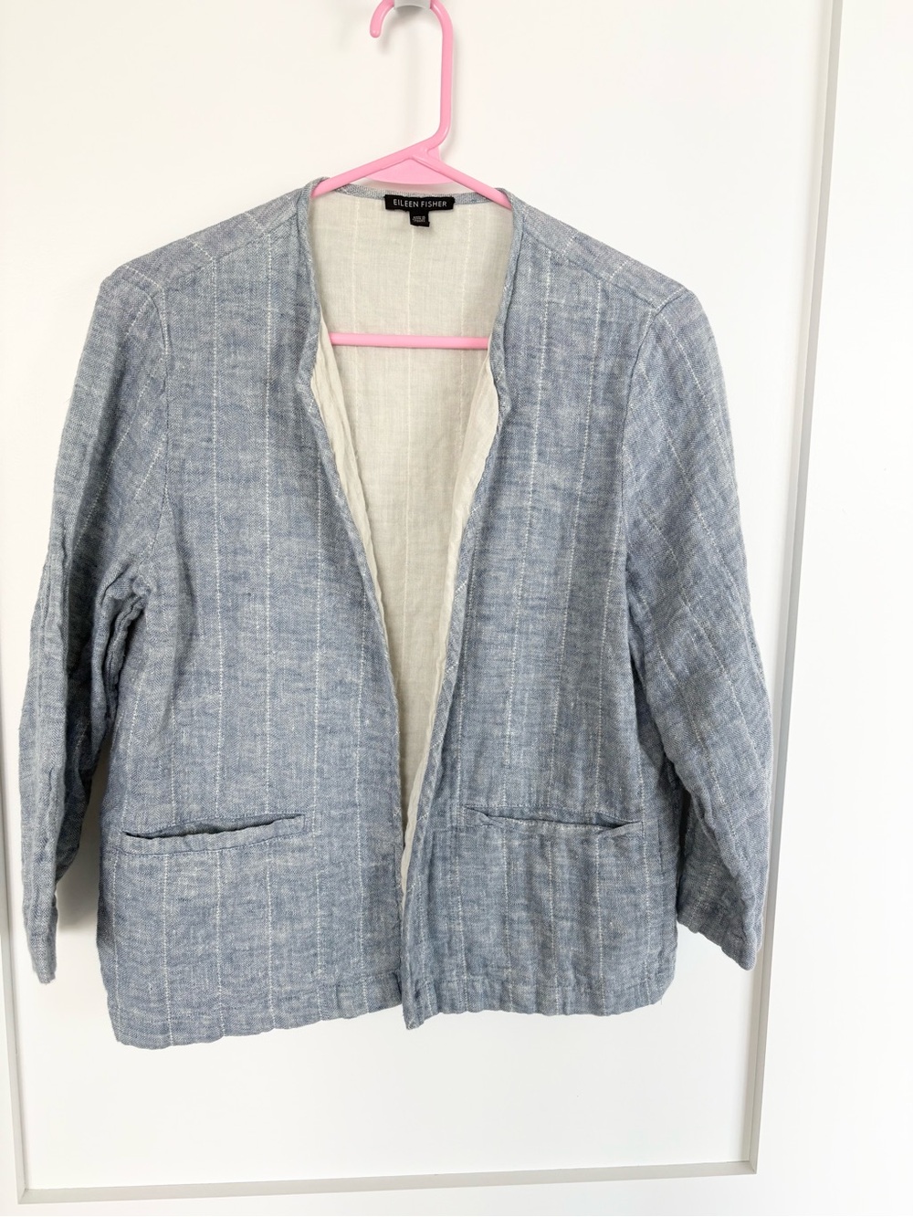 Eileen Fisher Organic Linen Blend Striped Open Front Jacket Cardigan S